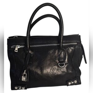 Black Leather Tote Handbag - Women
